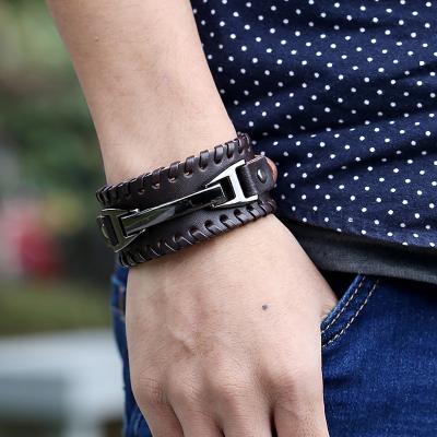 China Wholesale Good Adjustable Woven Men's Bracelets Punk Leather Stylish Black Brown Large for sale