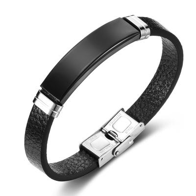 China FASHIONABLE IP Plating Bangle White Bar Stainless Steel Black Smooth Gold Engraved Bracelet Leather Man Available Custom Made for sale