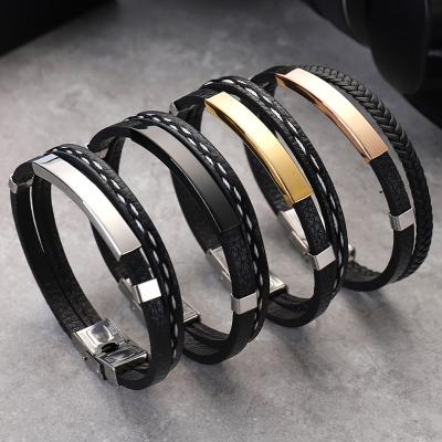 China TRENDY Mens Jewelry Gold Plated Black Leather PU Braided White Stainless Steel Bracelet Engravable Custom for sale