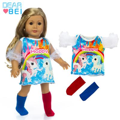 China 18inch dolls& wholesale 43cm baby dolls explosion doll lace mid sleeve doll clothes rainbow unicorn printing dress with sock for sale