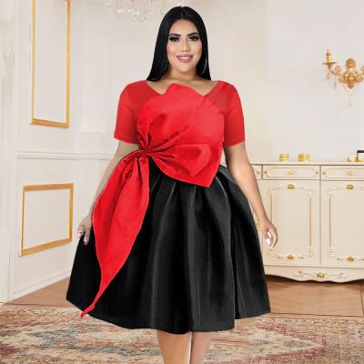 China Viable Plus Size Short Sleeve Bowtie Sweet Patchwork Dress For Women Birthday Party Dresses for sale