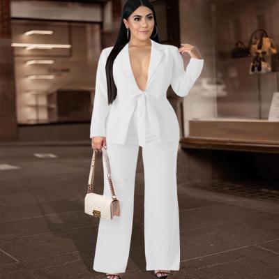 China Viable Women White Blazer Sets Elegant Lace Up Jacket Complements Straight Pants 2 Piece Outfits Business Outwear for sale