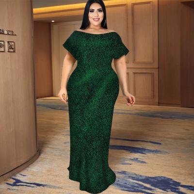 China Viable Women Dress Long Maxi Green Slash Collar Slim Sparkle Party Celebrate Elegant Evening for sale