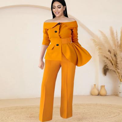 China 2022 Sustainable New Off Shoulder With Belt Plus Size Yellow Womens Two Piece Sets Office Lady Autumn for sale