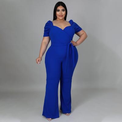 China Plus Size Women Waterproof V-Neck Short Sleeve Bodycon Wide Leg Pants Casual Belt Party Overalls for sale