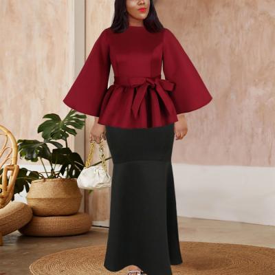 China Sustainable Hot Sale Women Suits Tops Long Flare Sleeves High Waist Mermaid Skirts Women Two Piece Sets for sale