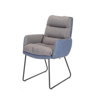 China Customized Luxury Upholstered Soft Metal Back Blue Legs Coffee Home Hotel Furniture Microfiber Gray Fabric Dining Chair With for sale