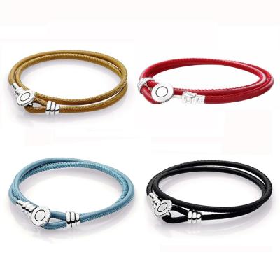 China 2019 newcomers 2019 newcomers unisex leather bracelets 925 sterling silver double black leather bracelets for sale