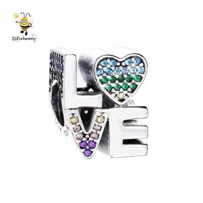 China 925 Sterling Silver Crystal Beads Slovehoony CZ Multicolor Love Charm Beads For Tennis Bead Bracelets Letter Love Heart Shape Beads for sale