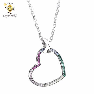 China Charm For Bracelet Making 925 Sterling Silver Charm Chain Necklace Jewelry 925 Sterling Silver Choker With Zirconia Rainbow Heart Dangle Pendant for sale