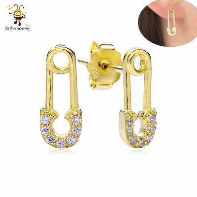 China 925 Sterling silver+AAA CZ 100% Newborn Joyas Jewelry of 925 Sterling Silver Safety Pin Stud Women's Earring 2020 for sale