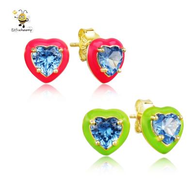 China Colorful 2021 Sterling Silver For Women Jewelry Blue Stones 925 Candy Heart Earrings Slovehoony Enamel Love Heart Stud Earrings FASHIONABLE for sale