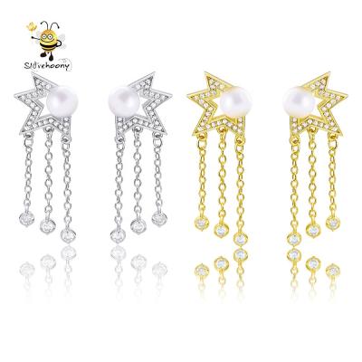 China Slovehoony Fashion Pearl Stud Earrings Long Chain 925 Sterling Silver Elegant Irregular Star Stud Earrings For Women Jewelry for sale