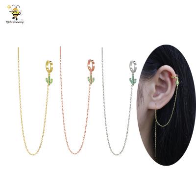 China Slovehoony Earring/Ear Cuff 925 Sterling Silver Green Zircon Cactus Small Ear Cuff Threader Chain Earrings Women Dangle Cuff for sale