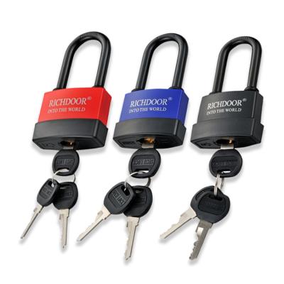 China Long Beam Padlock PVC Plastic Wrap Iron 80mm Waterproof Safety Padlock With Dusproof Cover for sale