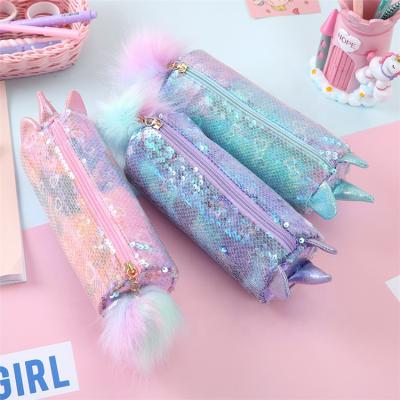 China NEW Durable cute unicorn sequin fur ball cartoon student pencil case girl travel wash case shiny polyester pencil stroage bag for sale