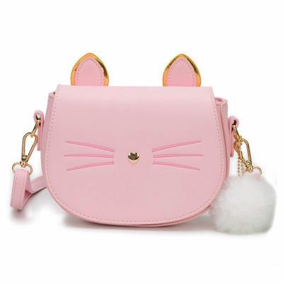 China Fashionable New Arrival Waterproof Shoulder Bags For Girls Cat Embroidery Cross - Body Bag Kids PU Handbag With Plush Ball for sale