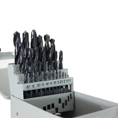 China Metal Work Tool 25pc HSS Black Oxide Roll Forged Outdoor DIN Standard Twist Drill Bits Set For Metal Packing Metal Box for sale