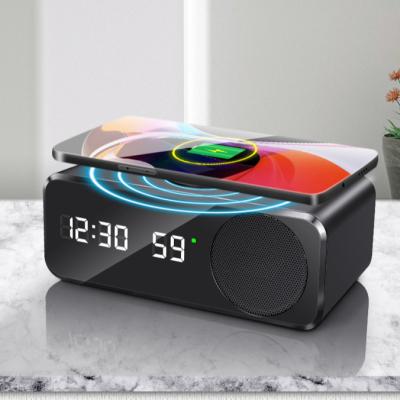 China Antique Style 5 in 1 Wireless Charger with Alarm Clock Temperature Stopwatch Function Wireless Charger with Speaker for sale