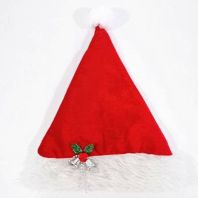 China Double Layers Gold Velvet Pleuche With Bell Christmas Hat Plush Christmas Red Hat Mini Christmas Material Hats for sale