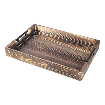 China Custom Rectangular Home Hotel Wedding Restaurant Food Serving Tray Wooden Tray with Metal Handle for sale