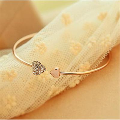 China High Quality Silver Gold Rose Adjustable Thin Crystal Heart Gold Plated Bangle Open Cuff Bangle Bracelets For Women for sale