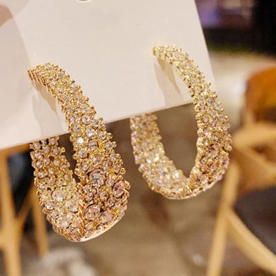 China 2022 New Women's Zircon Crystal Geometry Circle Open Hoop Romantic Clear Rhinestone Earrings Fashion Shiny Circle Open Earring for sale