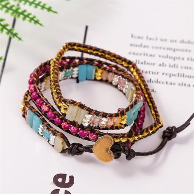 China High Quality Custom Adjustable Handmade Colorful Emperor Natural Stone Beaded Heart Rope Wrap Leather Bracelets for sale