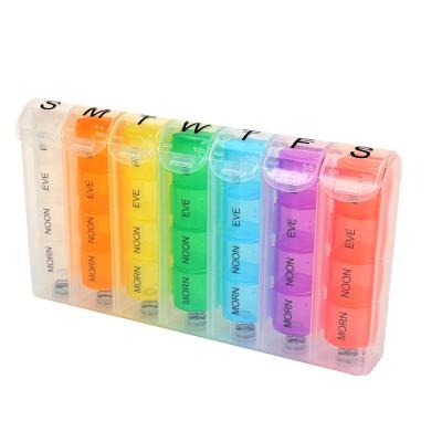 China Colorful 28 Boxes Pill Box Rainbow Pill Box 7 Days Travel Portable Spring Type Pill Box for sale