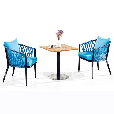 China Modern 3 Piece Balcony Furniture Cheap Balcony Set 3 Piece Rattan Bistro Set Small Garden Table & Blue 2 Chair Patio Set for sale