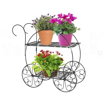 China Decorative & 2 Functional Metal Garden Cart Rack 2 Tier Flower Pot Display Rack Garden Cart Shelf Flower Pot Rack Metal Plant Stand for sale