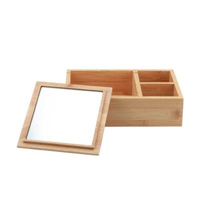 China Sustainable Cosmetic Makeup Storage Box Jewelry Bamboo Mini Makeup Organizer Holder With Mirror for sale