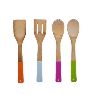 China Sustainable Eco - Friendly Natural Surface Bamboo Spoon Cooking Utensils Kitchen Tools With Silicone Handle for sale