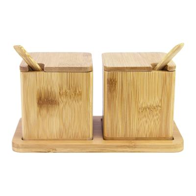 China Sustainable Natural Bamboo Double Dipper Two Salt Spice Salt Sugar Boxes With Spoon Kitchen Bamboo Storage Box for sale