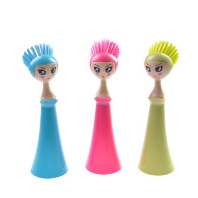 China Doll Stocked Kitchen Scrub Brush Durable Girl Doll Shaped Dish Brush Deep Cleaning Hand Stocked for sale