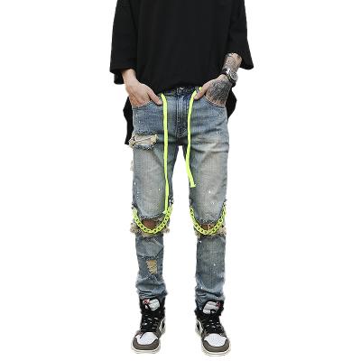 China HUNTW Wash Breathable Custom Light Blue Distressed Denim Ripped Street Jeans Men for sale