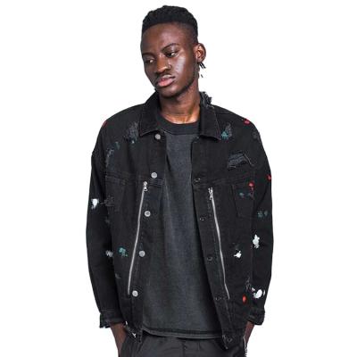 China HUNTW Breathable Man Hand Painted Ink-Splattered Destroyed Denim Jacket For Men Stylish Black for sale