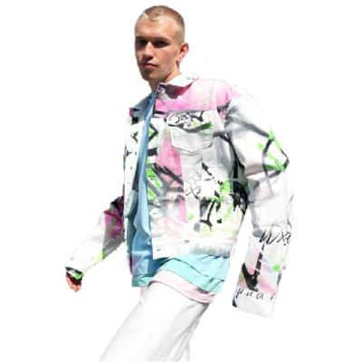 China HUNTW Color Graffiti Mens Breathable Cotton Denim Jacket For Man White for sale