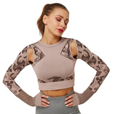 China Breathable Women Mesh Knitting Yoga Tops For Gym Home Workout Long Sleeve Shirts for sale