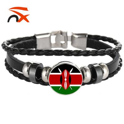 China Cute Kenya National Flag Pattern Black Pattern Bracelet Black Leather Rope Bracelet for sale