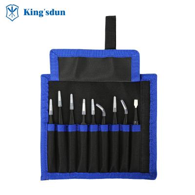 China Kingsdun 9pcs Unrated Stainless Steel Anti-Static Tweezers Set For Mobile Phone Electronics Repair Non-Slip Tool Kit Tweezers for sale