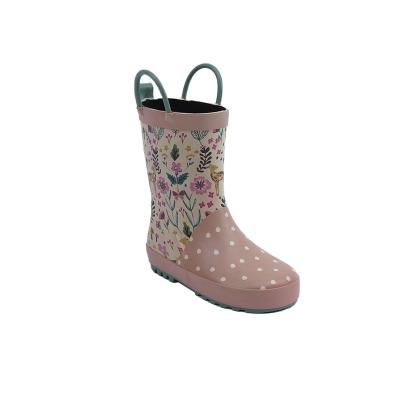 China Fashion trend factory high quality flower girl child rose custom printed rain boots with pull handles for sale