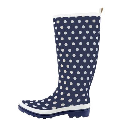 China Fashion Trend Factory Price Blue Dots Classic Women Rubber Rain Boots Waterproof for sale