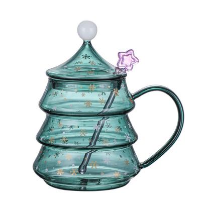 China Sustainable 500ml Borosilicate Glass Cups Christmas Tree Mug Best Gifts With Spoon For Kids for sale