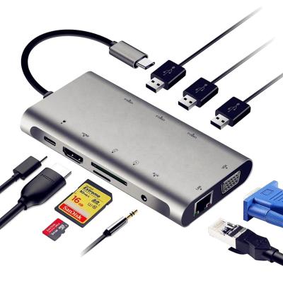 China FOR Laptop Expend 10 Ports Usb Hub In 1 100W Usb C To Type C Magnetic Adapter VGA 4K Hd Rj45 Ethenet Network 3.5Mm Audio Usb3.0 10In1 Usb Hub C for sale