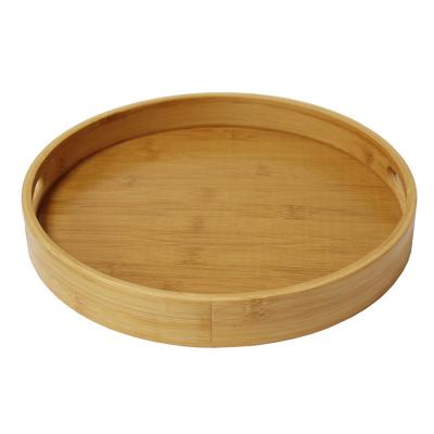 China Sustainable kitchen bakery restaurant party dessert serving tray in round shape serving plate round bamboo wooden  serving trays with handle for sale