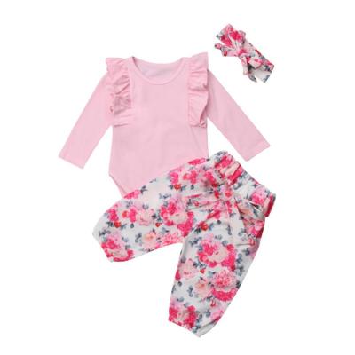 China Wholesale Breathable Long Sleeve Panty Girls Floral Baby Clothes Ruffle Romper Toddler With Headband for sale