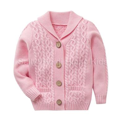 China Breathable Girls Button Up Sweater Long Sleeve Casual Woolen Girls Knit Cardigan , Kids Pink And Navy Sweater Coat for sale