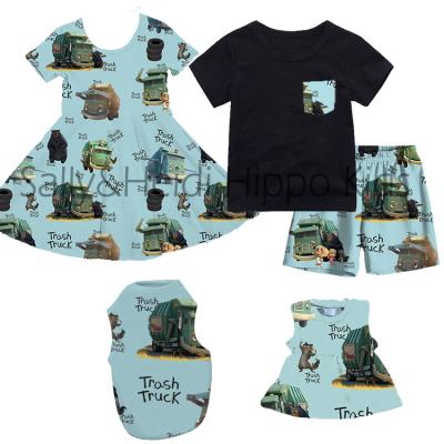 China Eco-Friendly Boutique Boys Summer Garbage Truck Print Shorts Set Girls Twirl Dress Children Sibling Set Clothes for sale