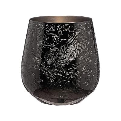 China Sleek Single Wall Black Stainless Steel Wine Glass Egg Shape Etched with Fairy and Castle Design for sale